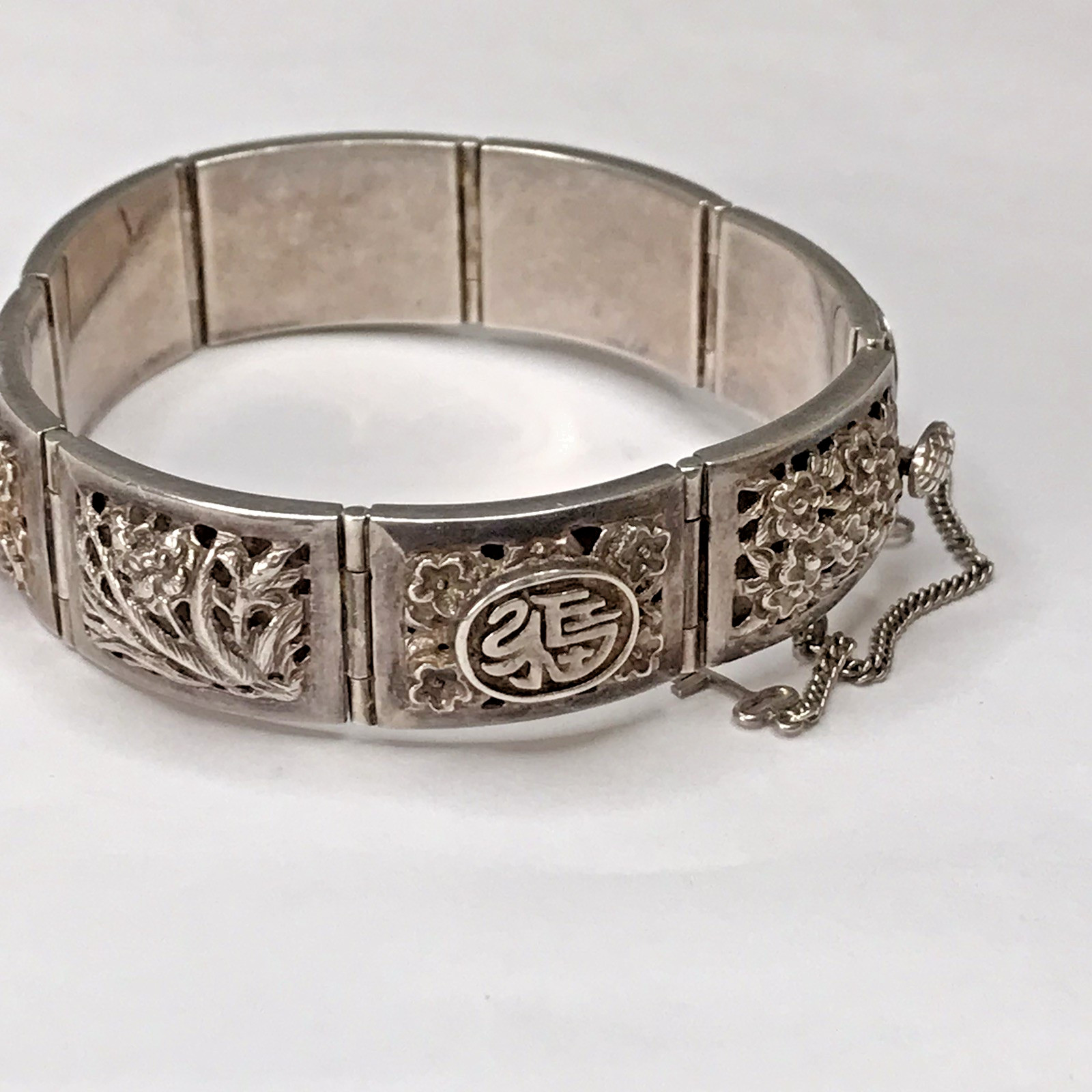 Sterling Silver Antique Chinese Character Lotus Oxidized Panel Bracelet 7″ 39.3g