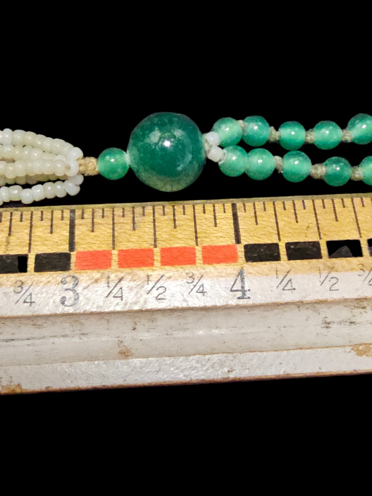Antique 1920-30s Art Deco Sautoir Green White Uranium Glass Bead Tassel Necklace