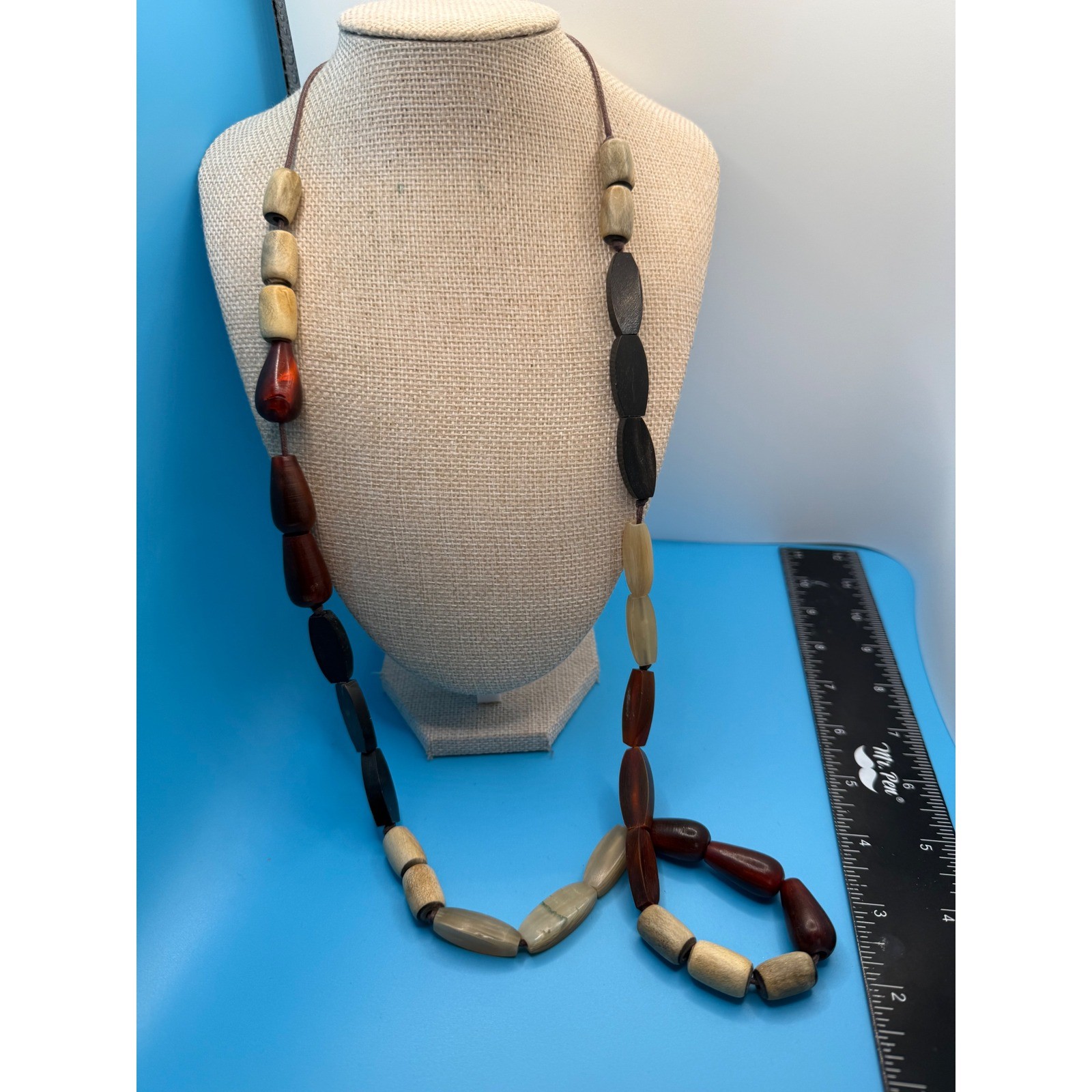 Boho Natural Wood and Resin Beaded Long Strand Statement Necklace Earthy Tones
