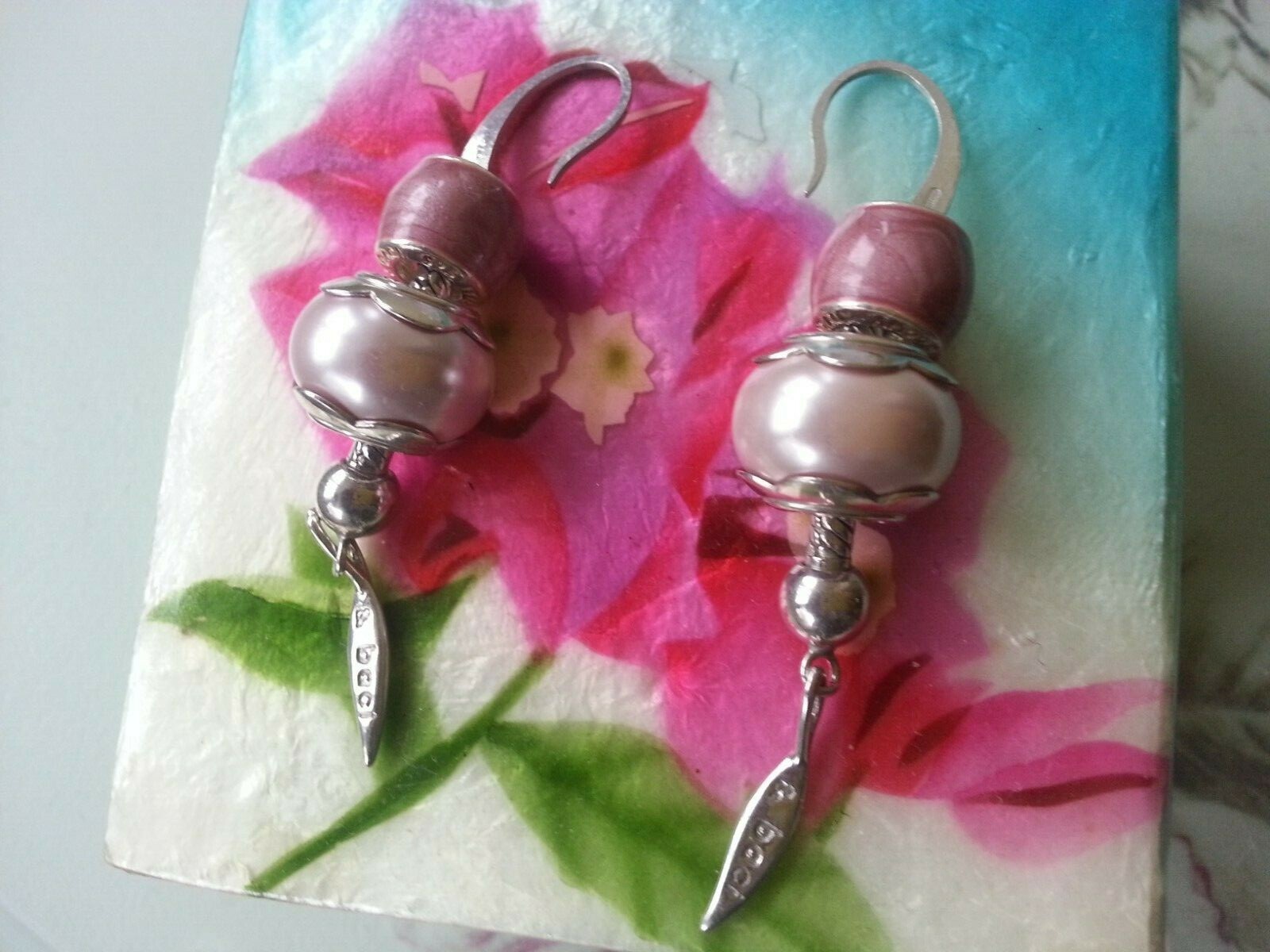 “Amore & Baci” Double Charms Pearl & Rose Pink Drop 925 Silver Earrings