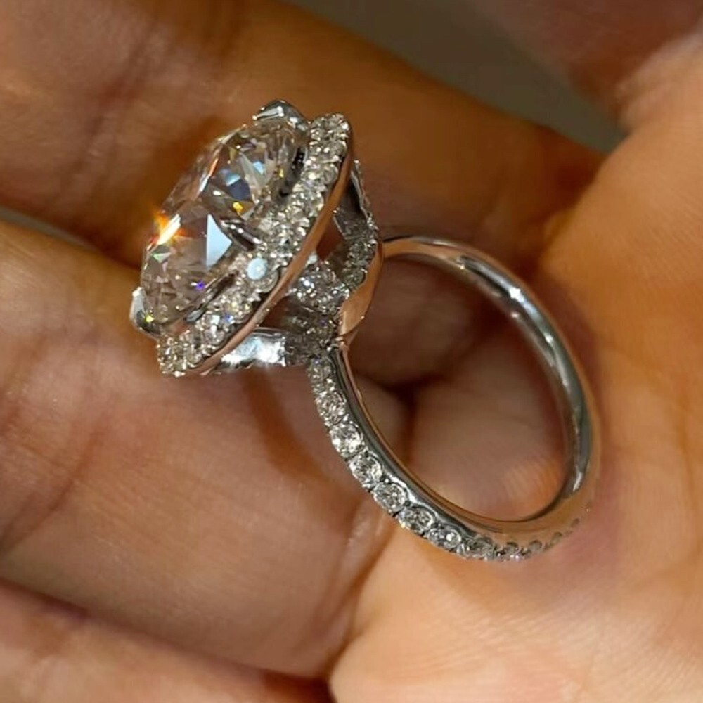 4.98 TCW Round Cut Moissanite Halo Engagement Ring 14K White Gold Plated