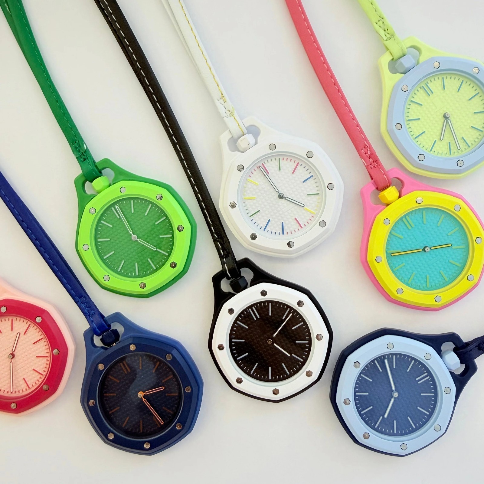 Octagonal Textured Dial Pendant Watch, Unisex, with Colorful Leather Strap