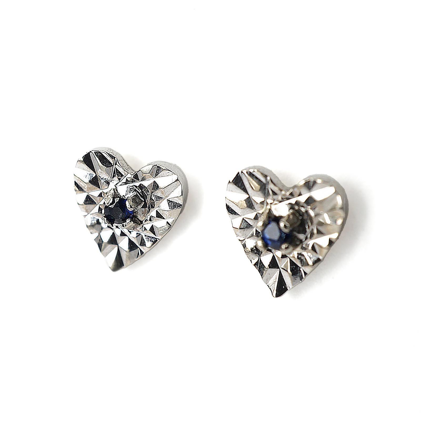 14K Solid White Gold Blue Sapphire Heart Earring, Natural Gem, Stud Push Back