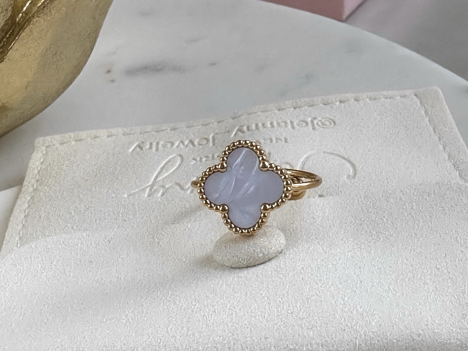 White Mother-of-pearl Clover 4 Leaf Gold Plated Ring Free Size Adjustable Ring