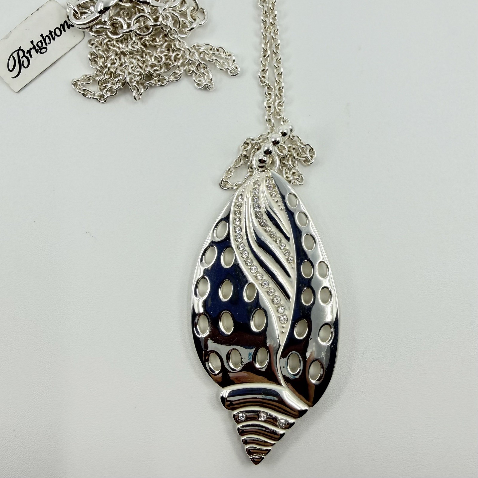 Brighton Sea Scape Shell Long Sweater Necklace Silver Tone w/ Rhinestones 37”