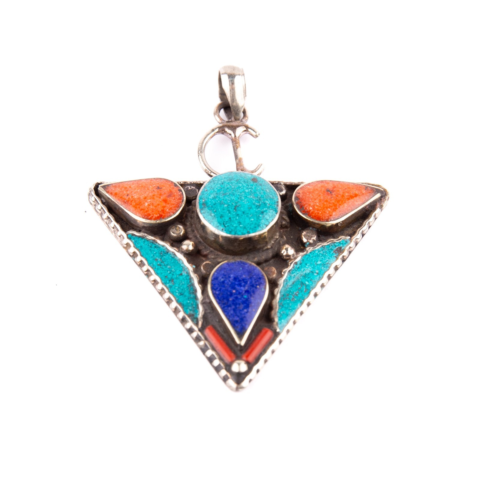 Tibetan Pendant, Tazerzit Pendant, Turquoise Stone Amulet, Coral & Lapis Lazuli