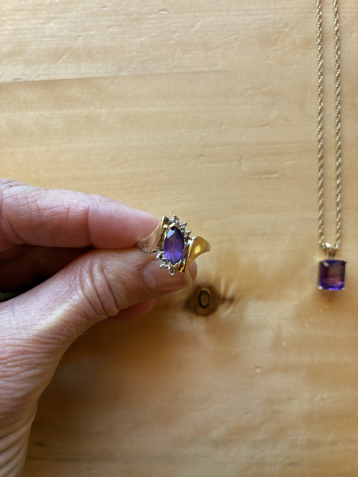 Amethyst 10K Gold Diamond Ring and 14K Gold Amethyst Necklace Pendant Set