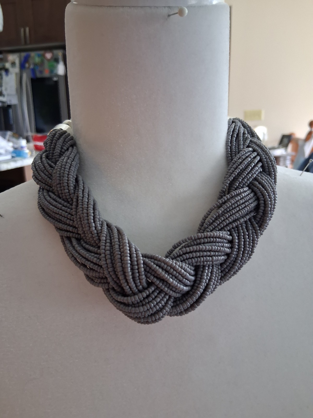 Gray Glass Beaded Multi-Strand Knot Statement Necklace Silver Tone Lobster