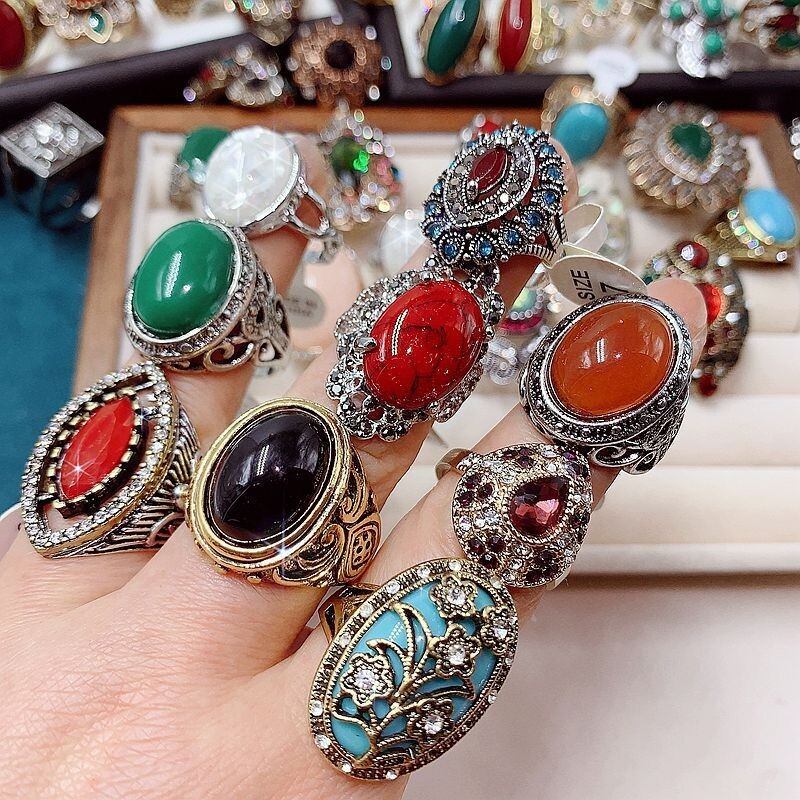 Wholesale 50pcs Lot Vintage Crystal Stone Mix Style Metal Jewelry Ring Men Women