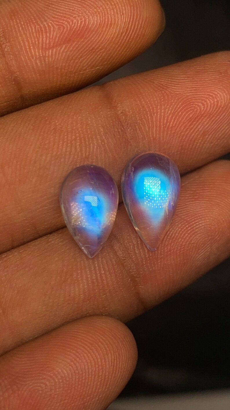 AAAAAA Quality Rainbow Moonstone Blue Fire Pear Shape Cabochon Size 9.5×14-9X15