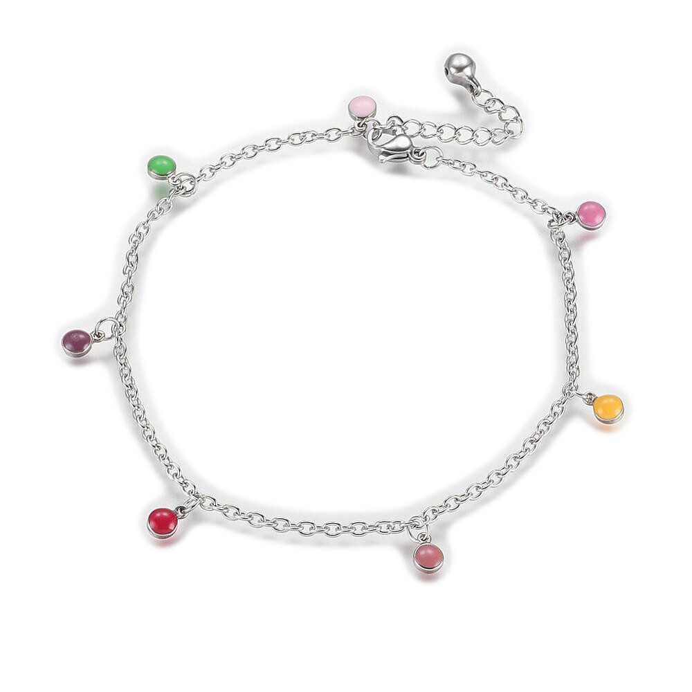 Stainless Steel Charm Anklet Bracelet Enamel Charms Round Platinum 10.6″ Z18