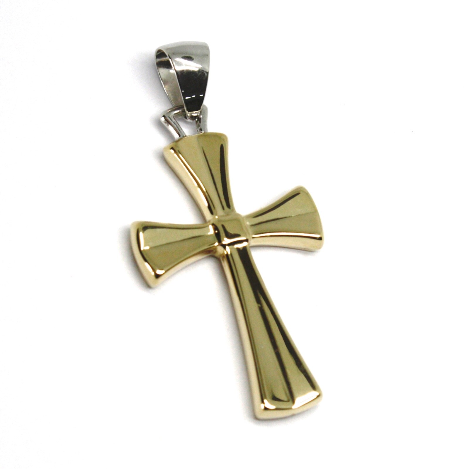 18K YELLOW WHITE GOLD CROSS, SQUARED 30mm, 1.18 inches, CARVED ROUNDED TUBE