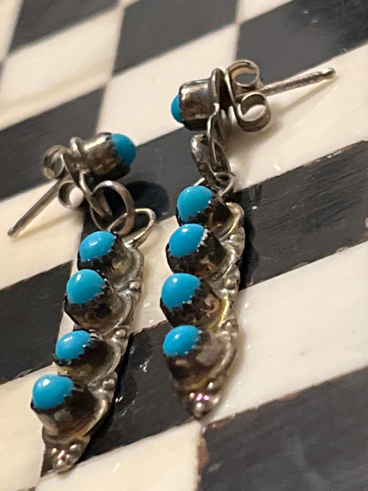 Vintage pawn southwest sterling snake eye turquoise 1-5/8″ earrings 050226aCAZBB
