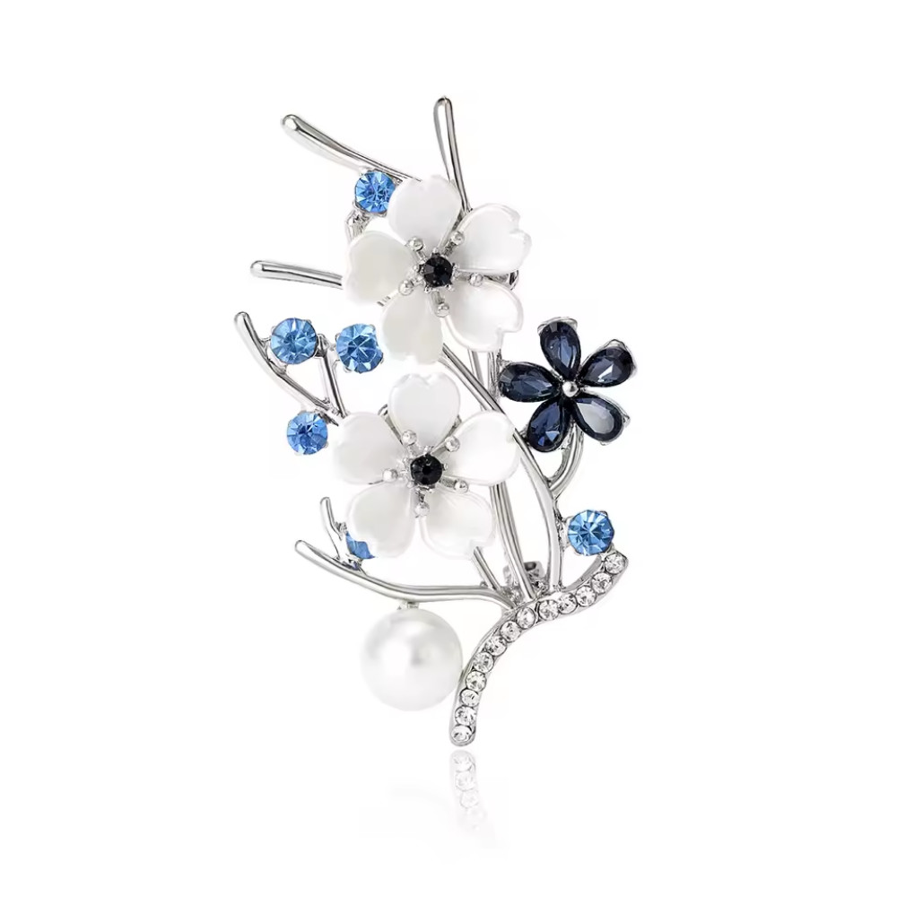 Luxury Blue Rhinestone Plum Flower Brooch Silver Pin Spring Summer Jewelry Gift