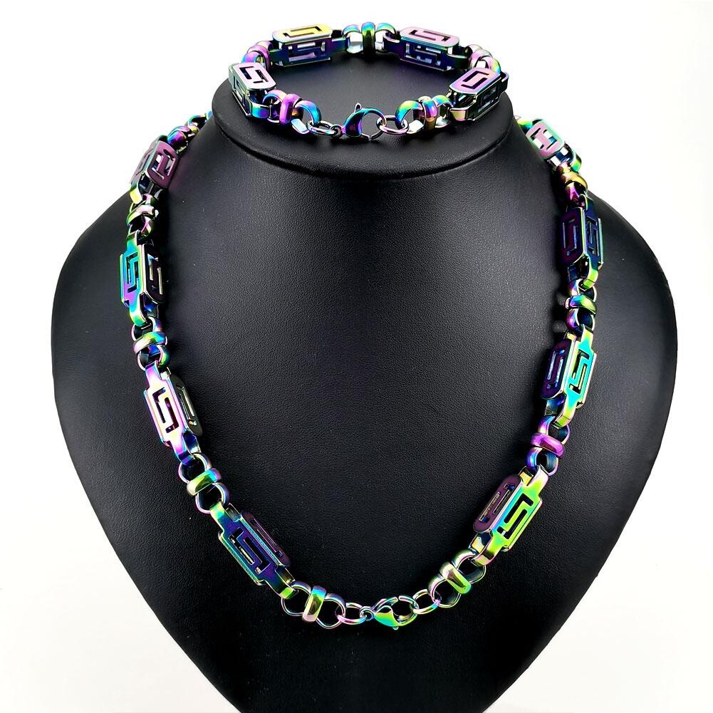 Rainbow Iridescent Stainless Steel 8.5mm Width Necklace Bracelet Chain Jewelry