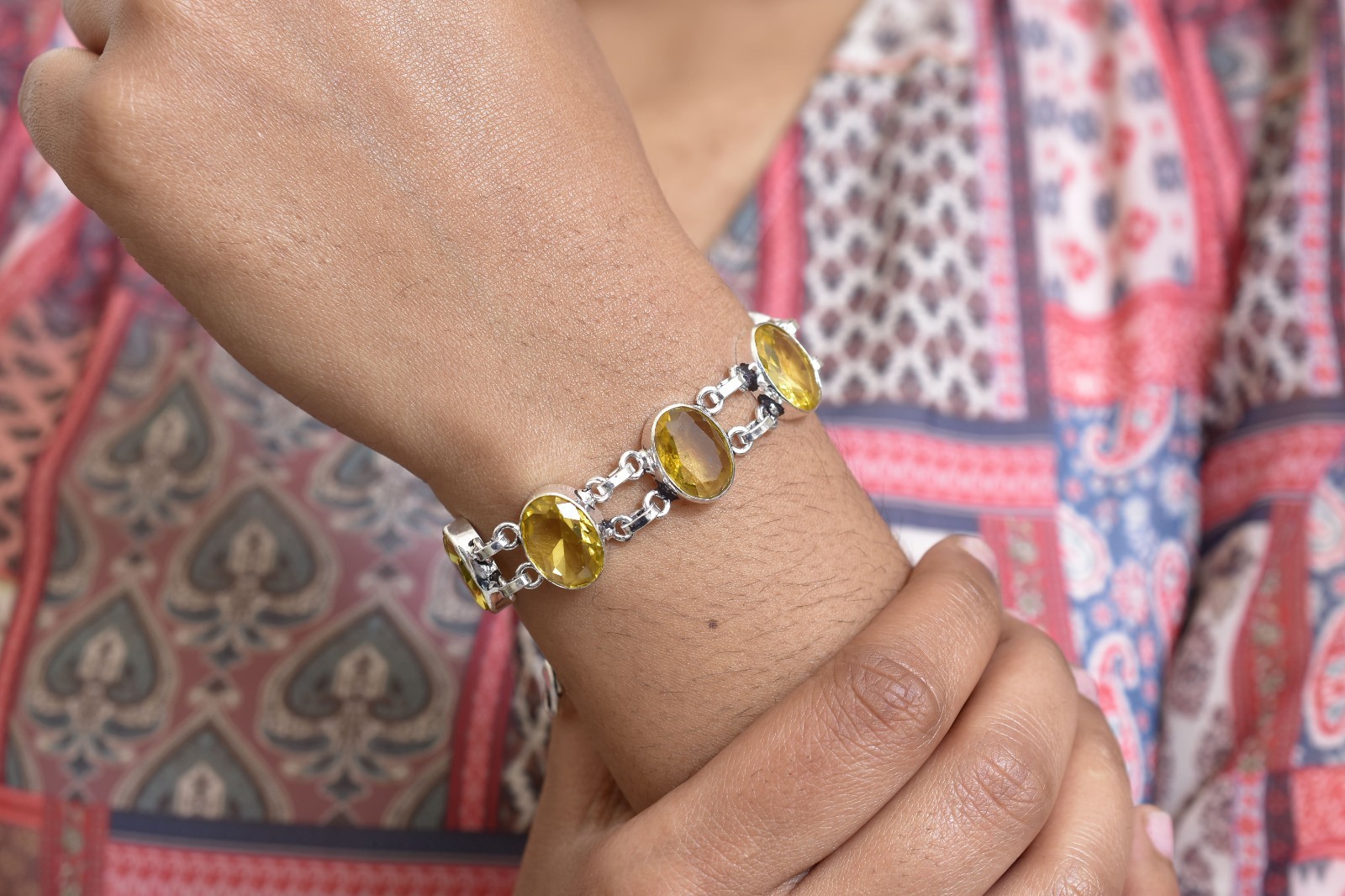 Solid 925-Streling Silver Citrine Gemstone Vintage Style Women Gift Bracelet 7-8