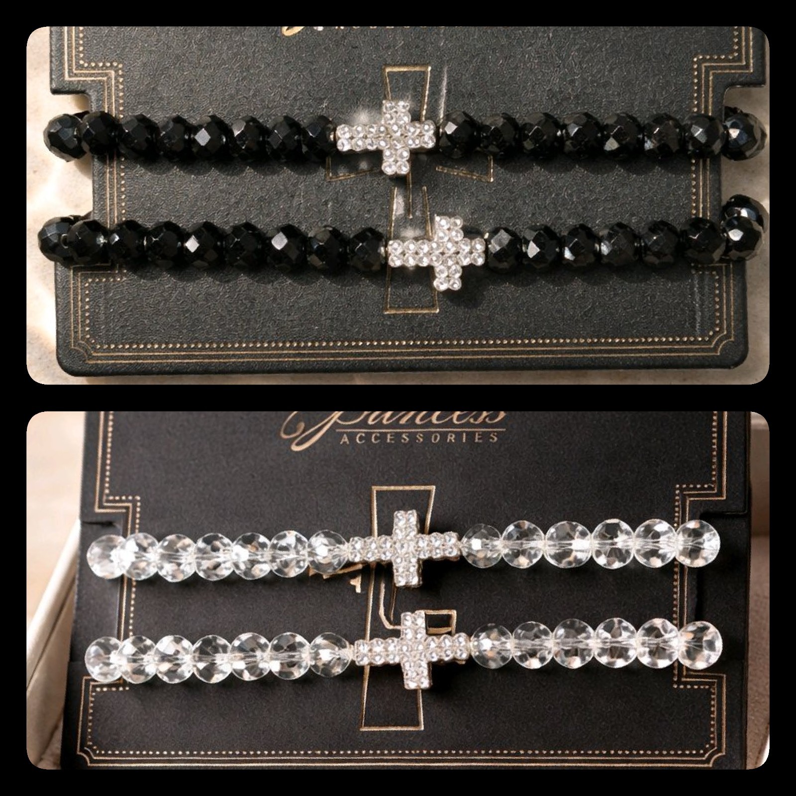 Cross Bracelet Beaded Stretch Double Strand Clear Black Rhinestone NEW Religious