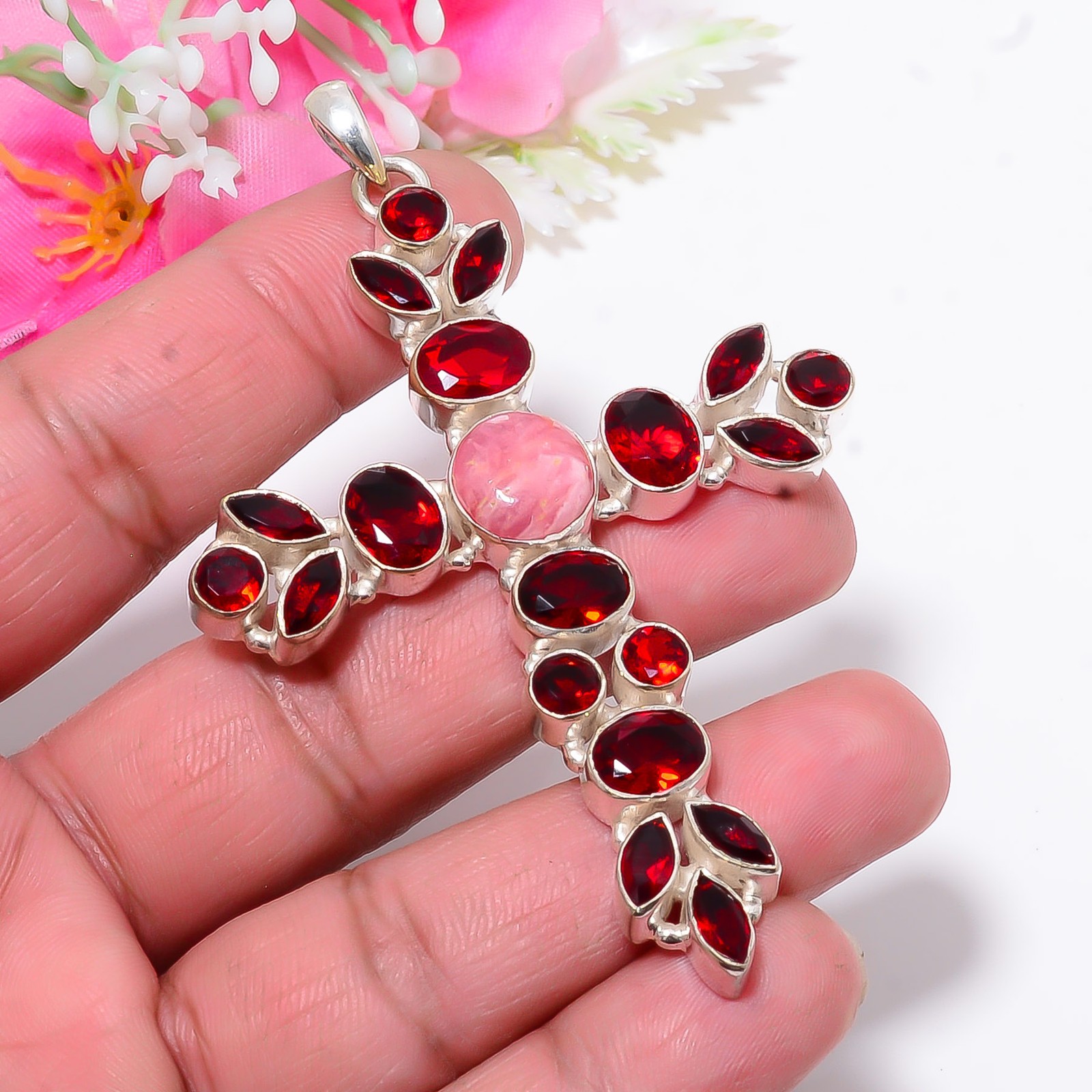 Rhodochrosite & Red Garnet 925 Sterling Silver Holy Cross Pendant 3.12″ P1061623