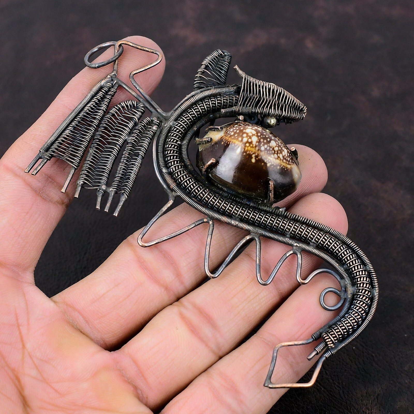 Cowrie Shell Wire Wrapped Dragon Pendant Handcrafted Copper Gift Jewelry 4.45″