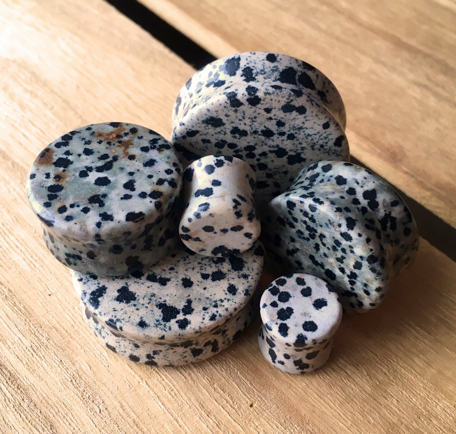 PAIR Dalmatian Jasper Organic Stone Plugs Gauges – 3mm (8g) to 38mm (1.5″) avbl!