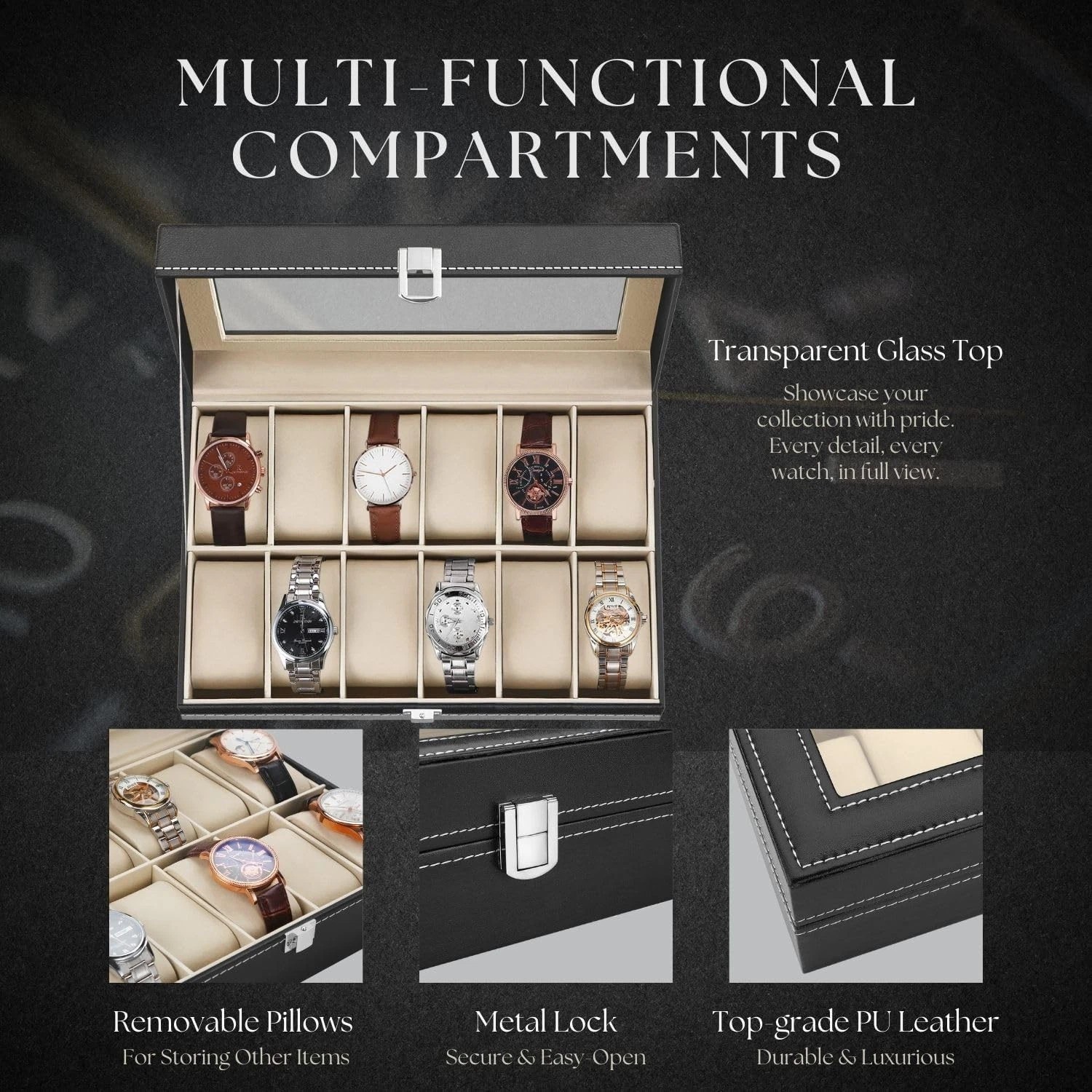 12 Slots PU Leather Wrist Watch Display Box Storage Holder Organizer Case H