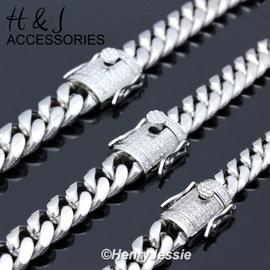 18-40″Stainless Steel 7/10/12/14mm Silver ICY CZ Miami Cuban Chain Necklace*158