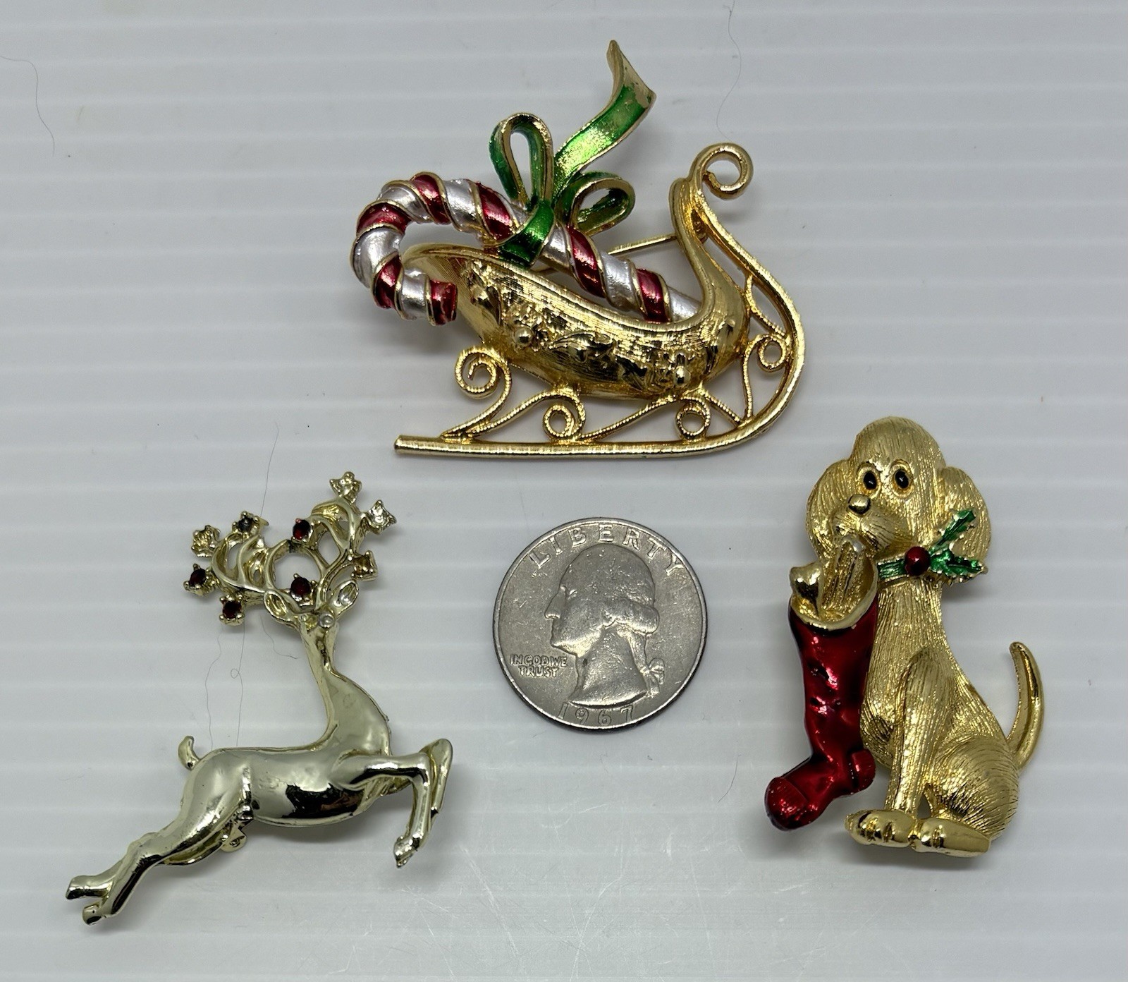 Vintage Lot of 7 Christmas Pins Reindeer-Sled-Dog-Candles-Wreath-Bells