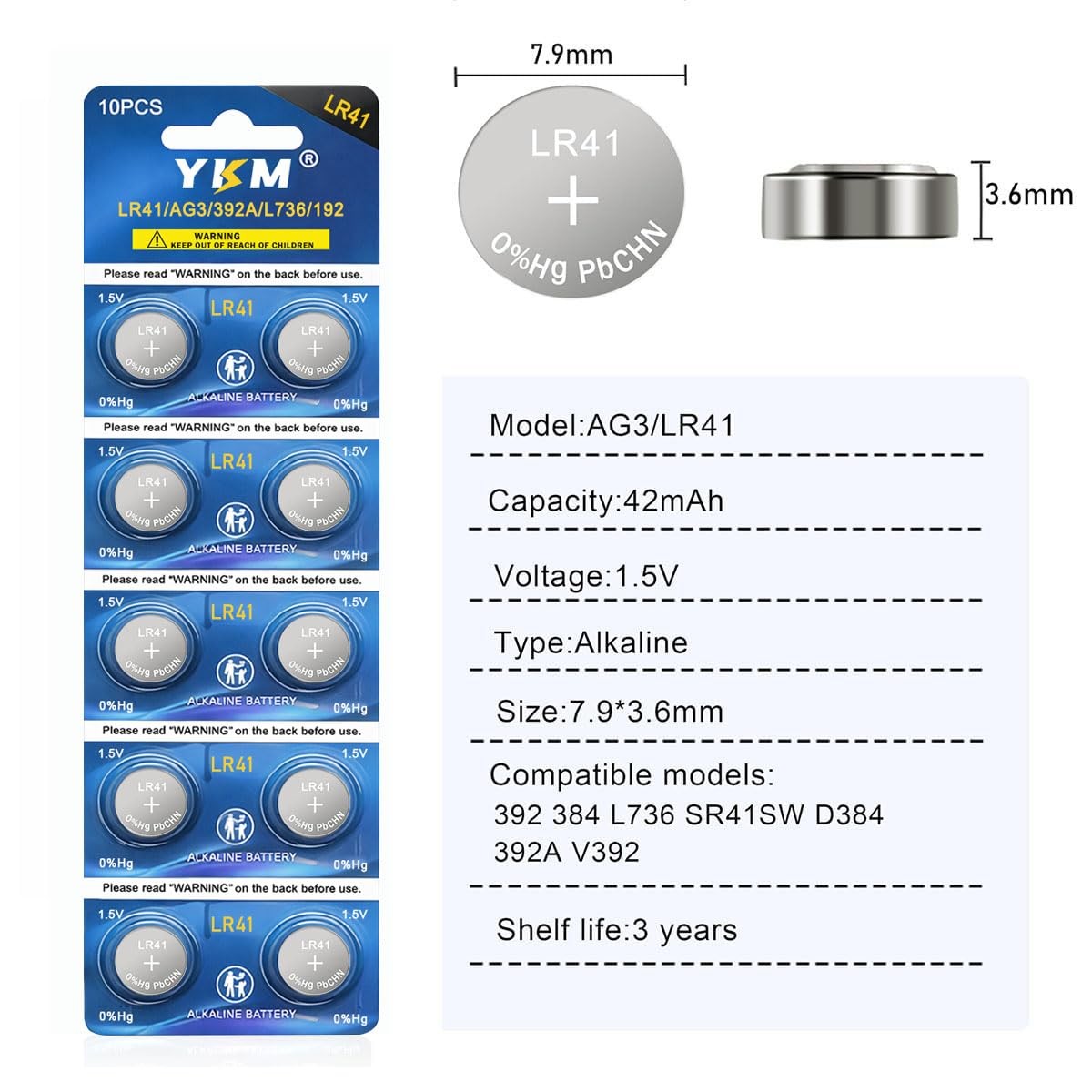 LR41 Button Batteries 10 Pack AG3 392 384 192 L736 1.5V Alkaline Battery