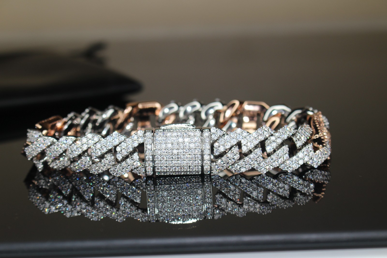 14k STAMPED 14mm FIGARUCCI Cuban 18ct Lab VVS1 Sim Diamonds ROSE 2-Tone Bracelet
