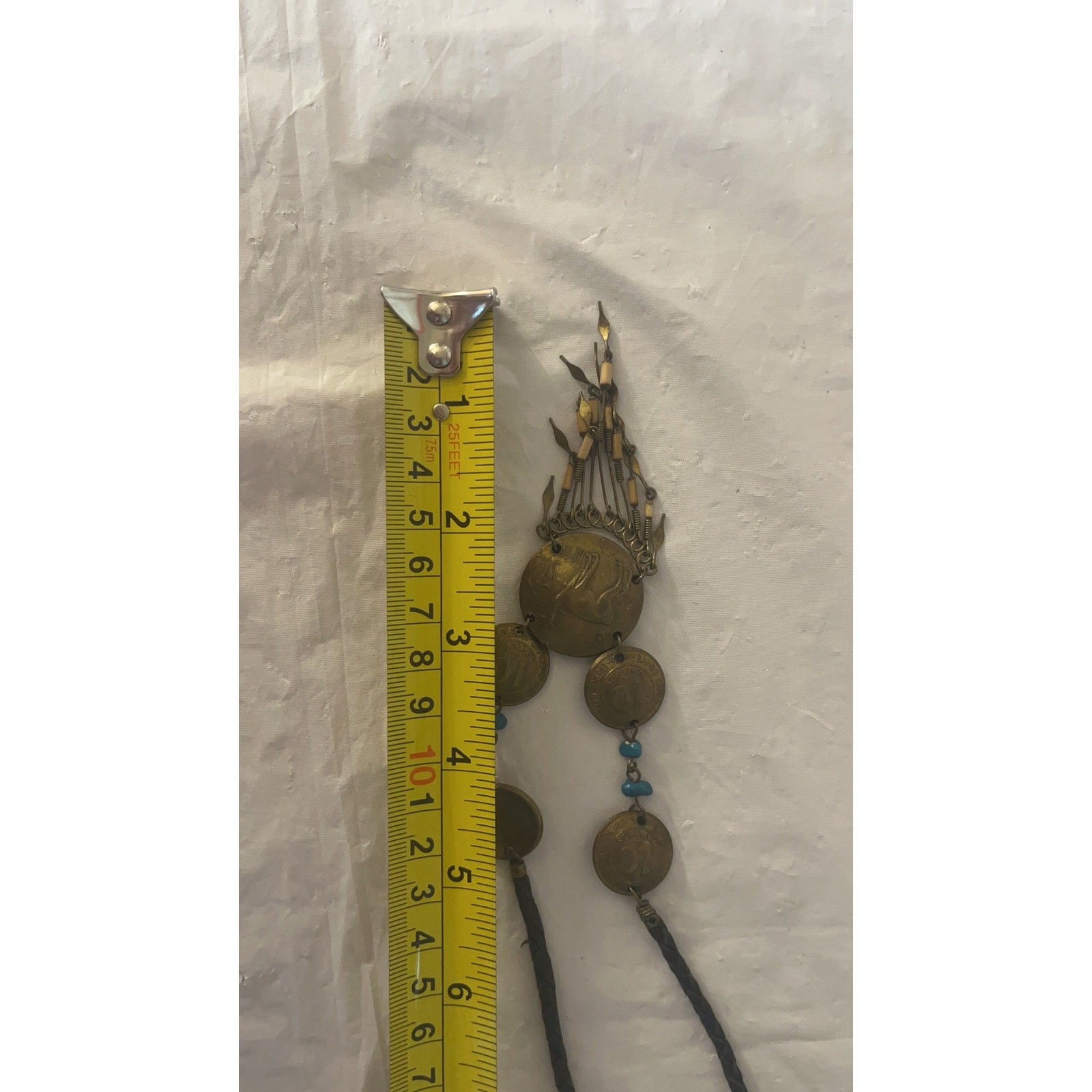 Vtg 70s South American Llama Coin & Bead Statement Necklace Boho Leather Cord