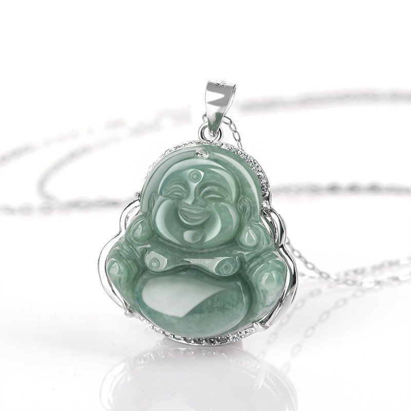 Natural A Grade Bean Jade Laughing Buddha S925 Silver Pendant Women Holiday Gift