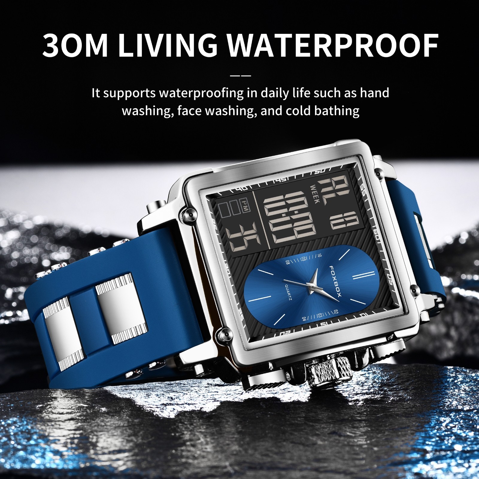 Sport Men Watch Quartz Square Big Dial LED Digital Waterproof Male Wristwatch