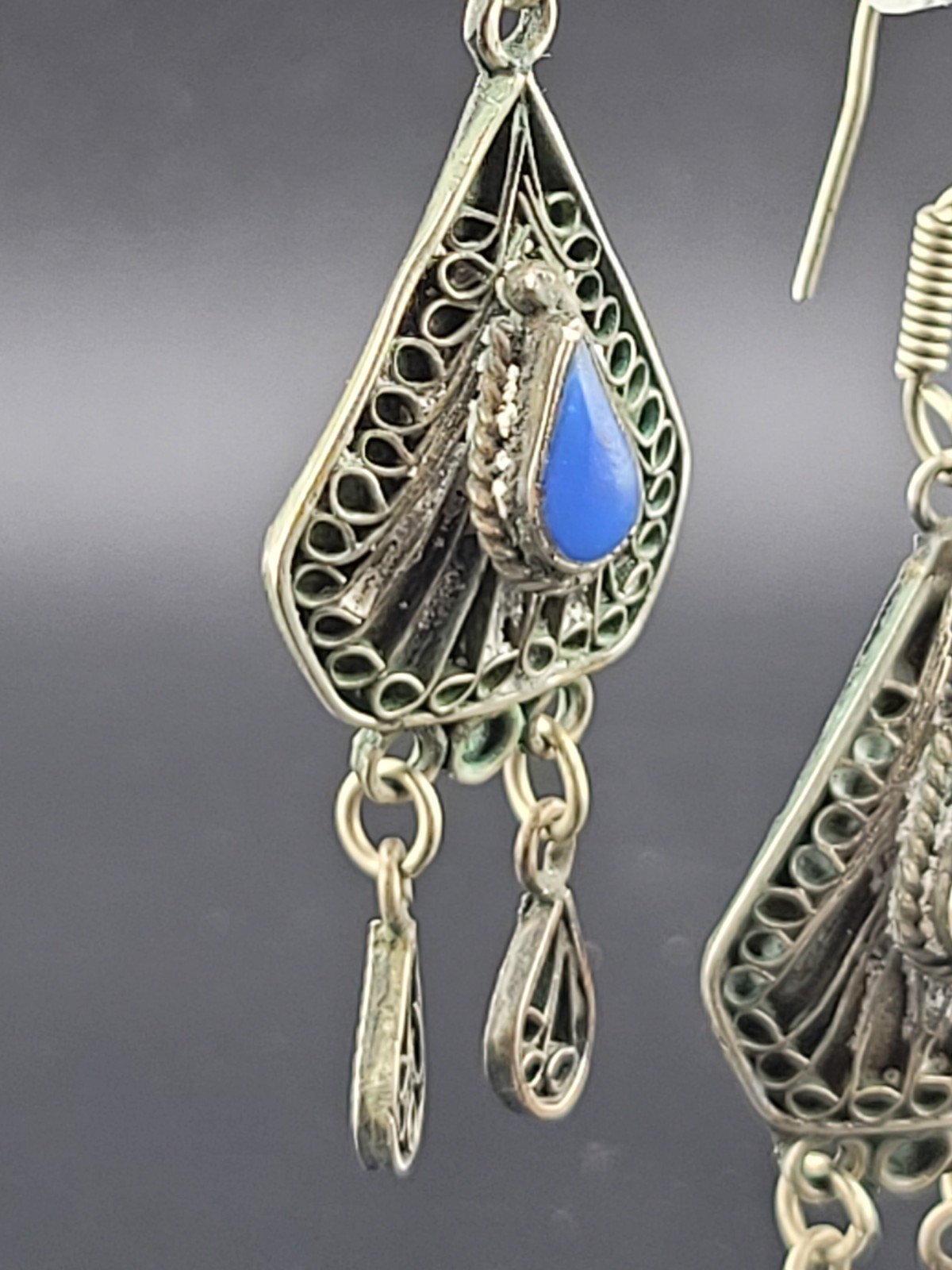 Vintage East India Blue Glass Stone Nickle Silver Chandelier Statement Earrings