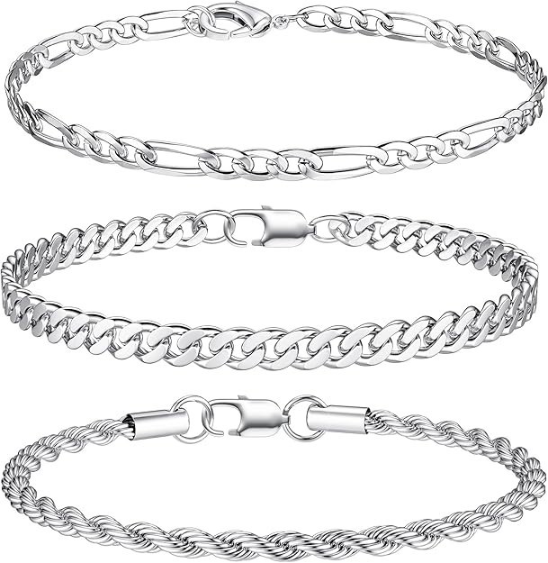 Chain Bracelets 3Pcs Men Stainless Steel Figaro Rope Cuban Link 8.3″L -Silver