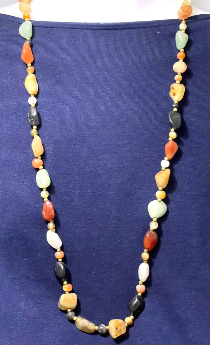 VTG Multi Color Stone Agate Carnelian Aventurine Nuggets Long Necklace 37in 96g