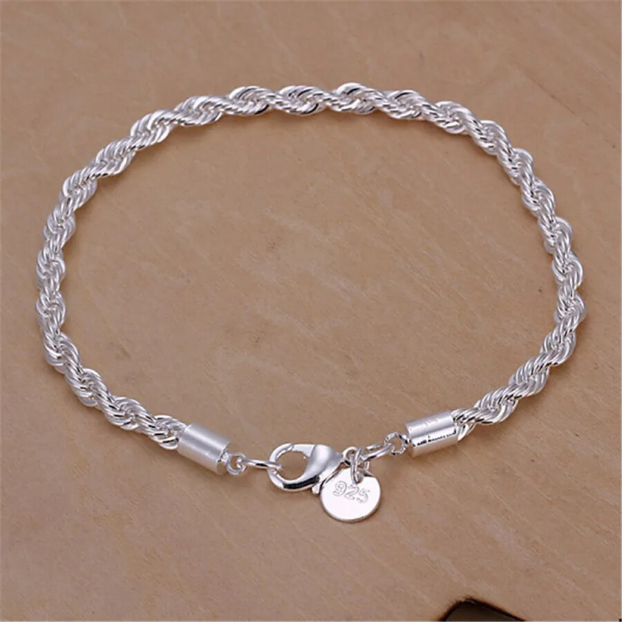 925 sterling silver 4MM chain male twisted rope necklace bracelets jewelry Set