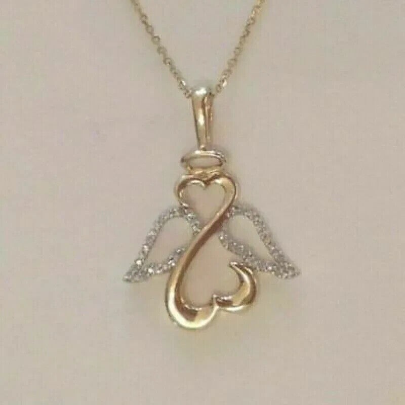 Open Hearts Diamond Winged Angel Pendant Necklace 14k Yellow Gold Plated