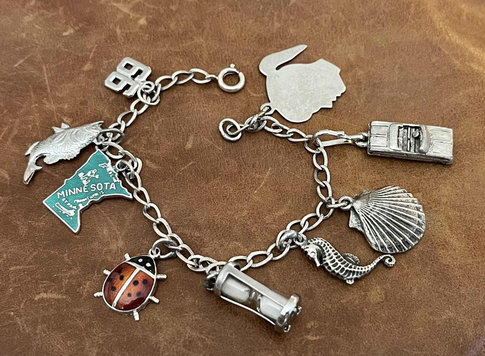 Vintage 9 Dangle Charms 925 Sterling Silver On Curb Link Chain Bracelet 7” In
