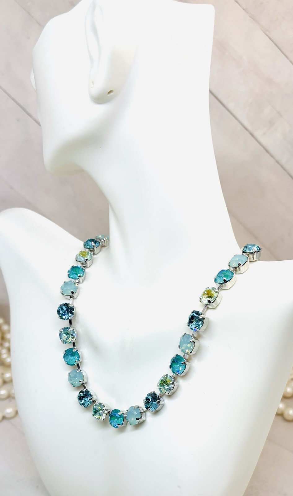 8mm Shiny Silver Plated Mint Green PACIFIC OPAL Teal Cup Chain Tennis Necklace