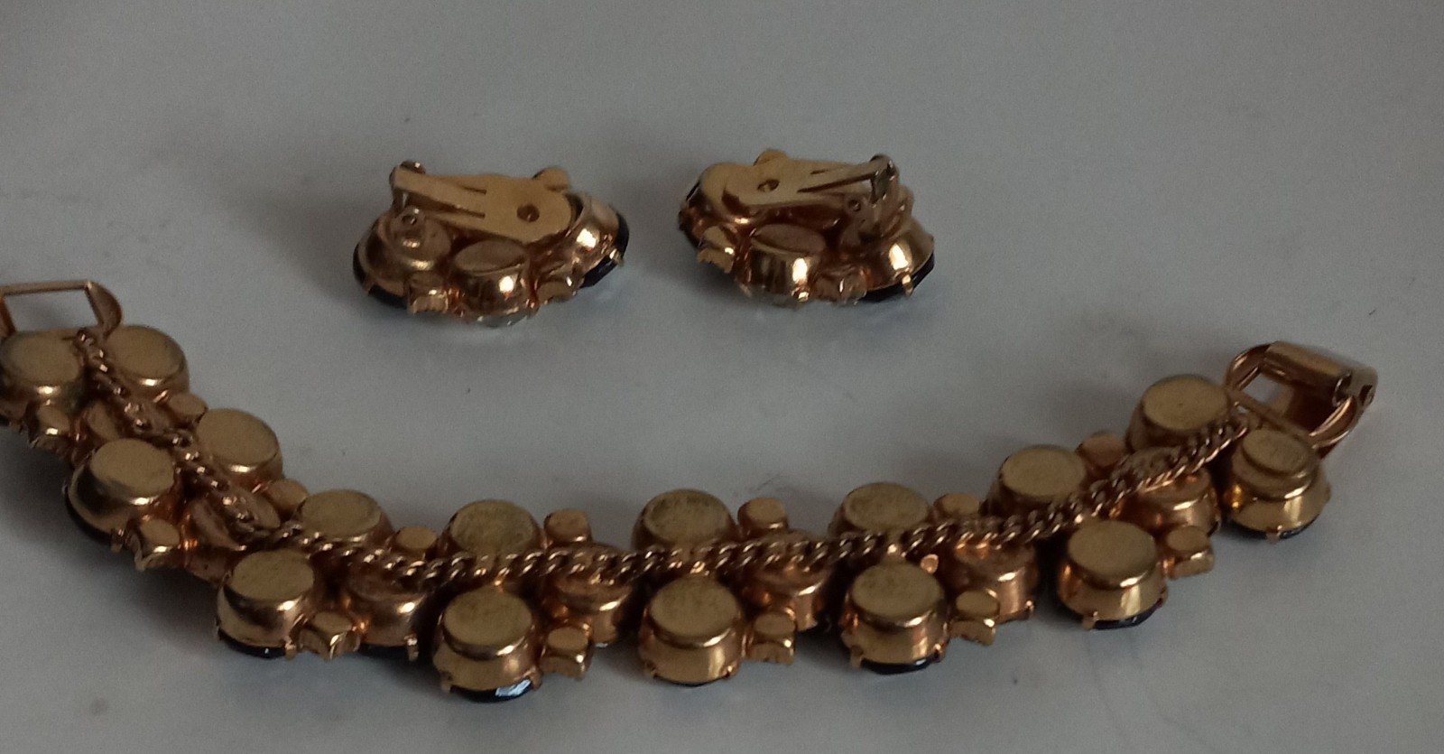 rare signed hobe bracelet & clip earrings black & sparkle brilliant rhinestones