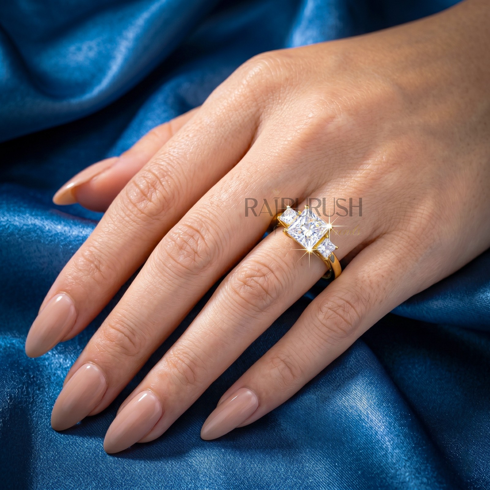 Princess Cut Moissanite Three Stone Engagement Ring – 14k Gold Plated Silver