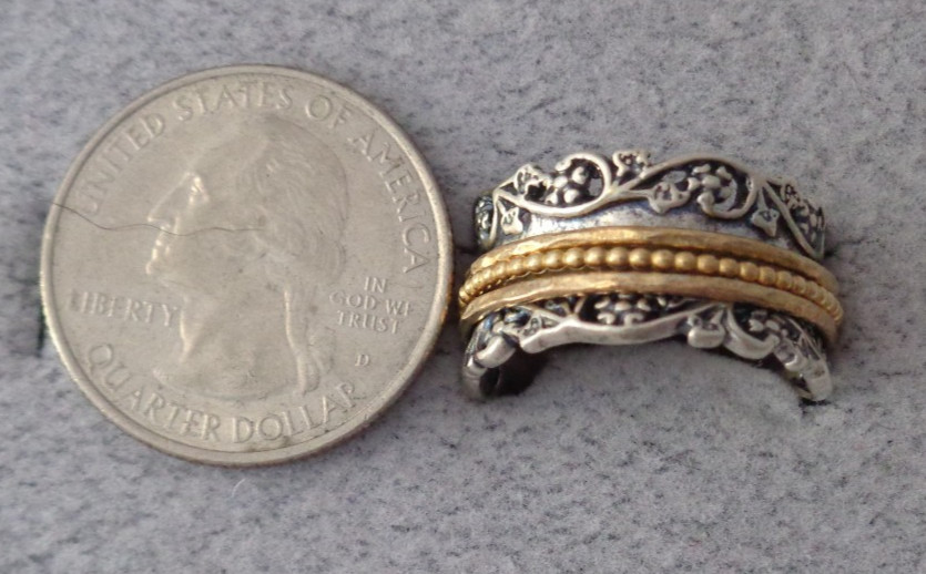 Sterling Silver Two Tone Spinner Band Ring Signed PZ Sz 7 – 7.5 Intricate Scroll
