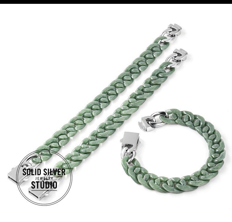 Natural Grade A Jadeite Cuban Link Chain Bracelet&Necklace Hip Hop Jade Jewelry