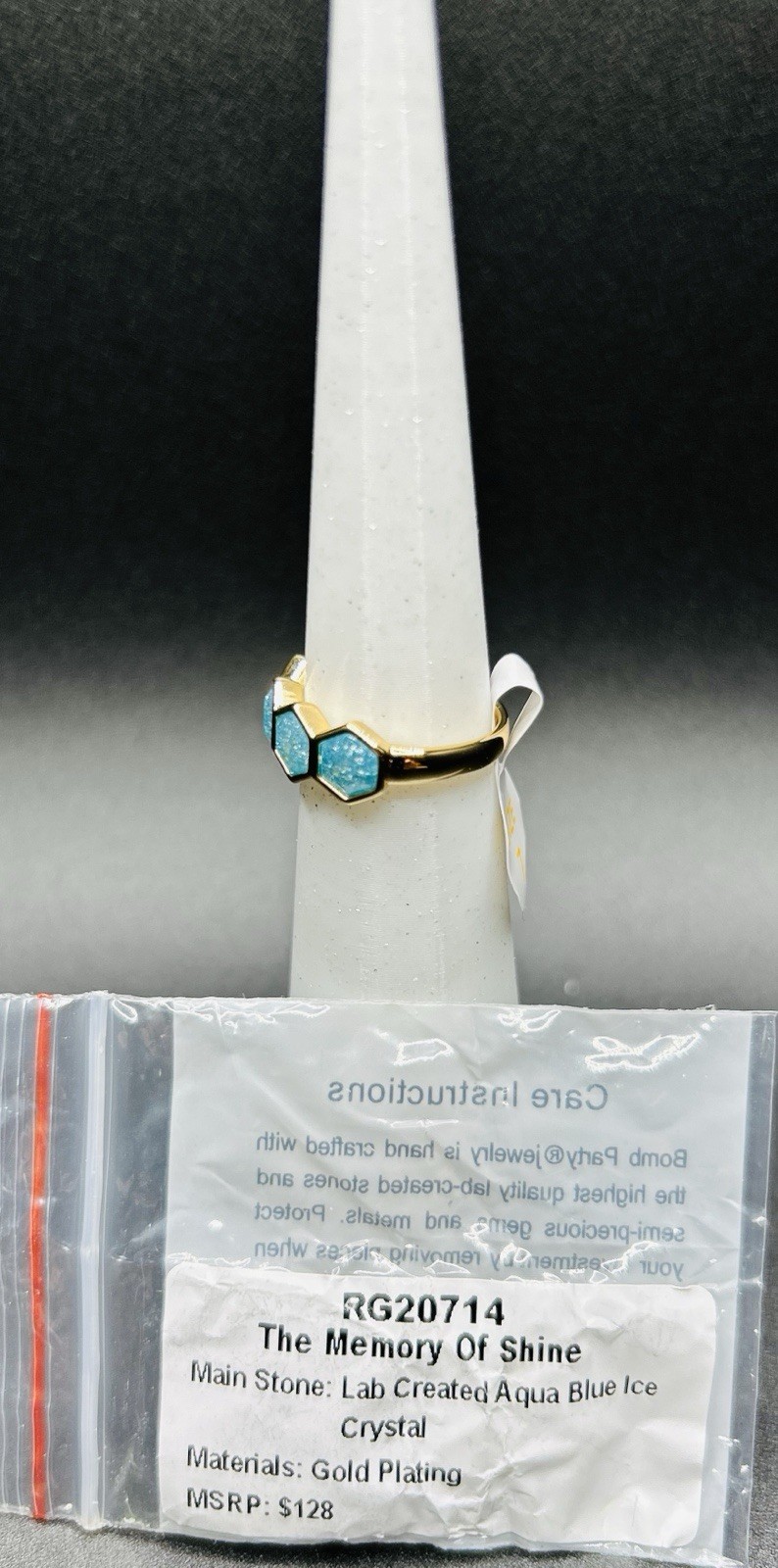 Bomb Party Ring Sz 7 RG20714 ‘The Memory Of Shine’ LC Aqua Blue Ice Crystal Gold