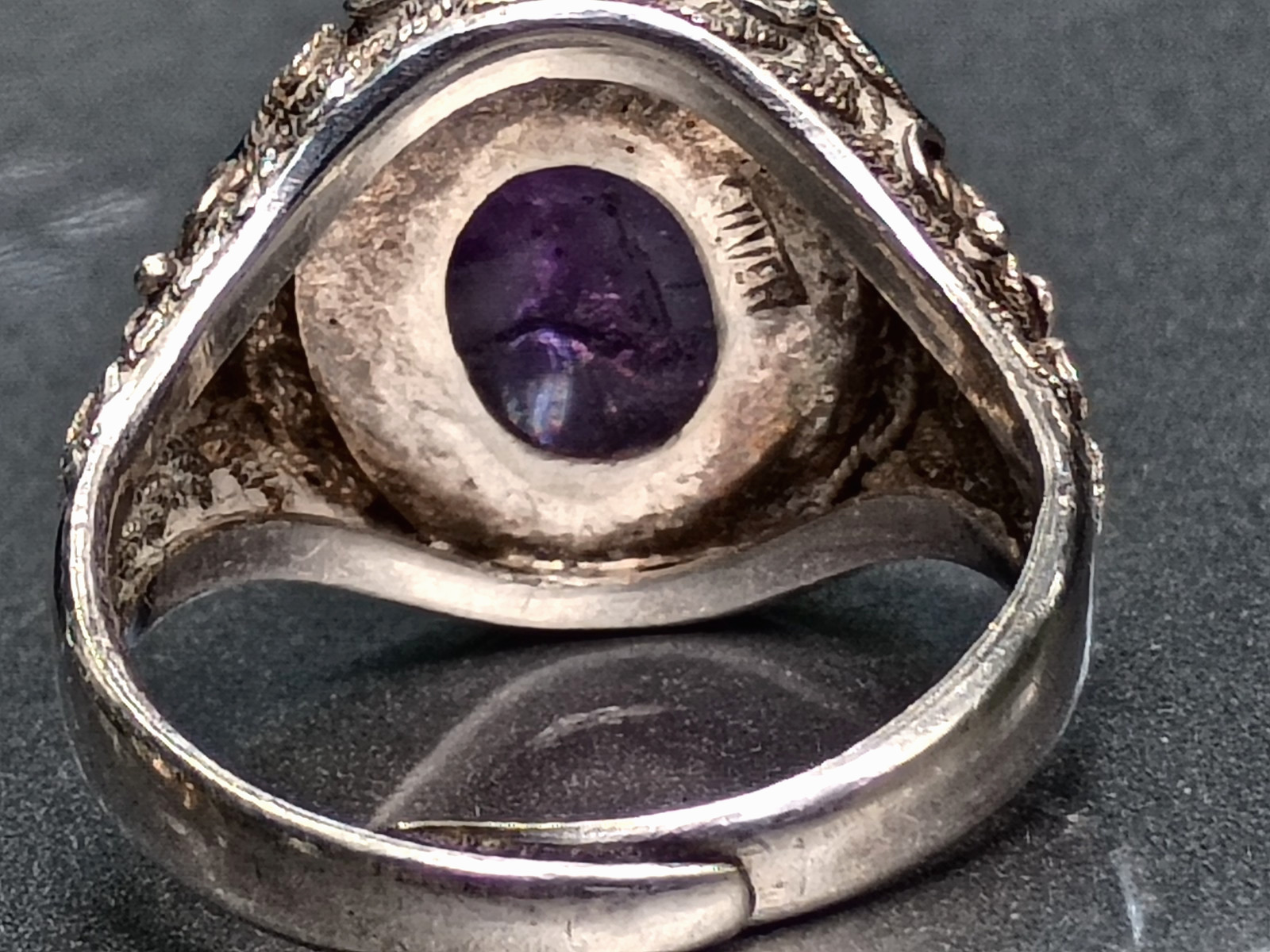 Antique Chinese Export Ring Large Amethyst Sterling Silver Filigree Cloisonné