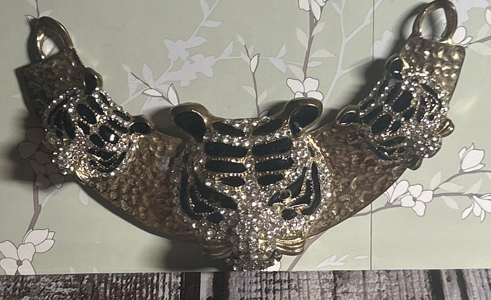 White Tiger Pendant on Hammered Brass with Diamond Rhinestones And Black Enamel