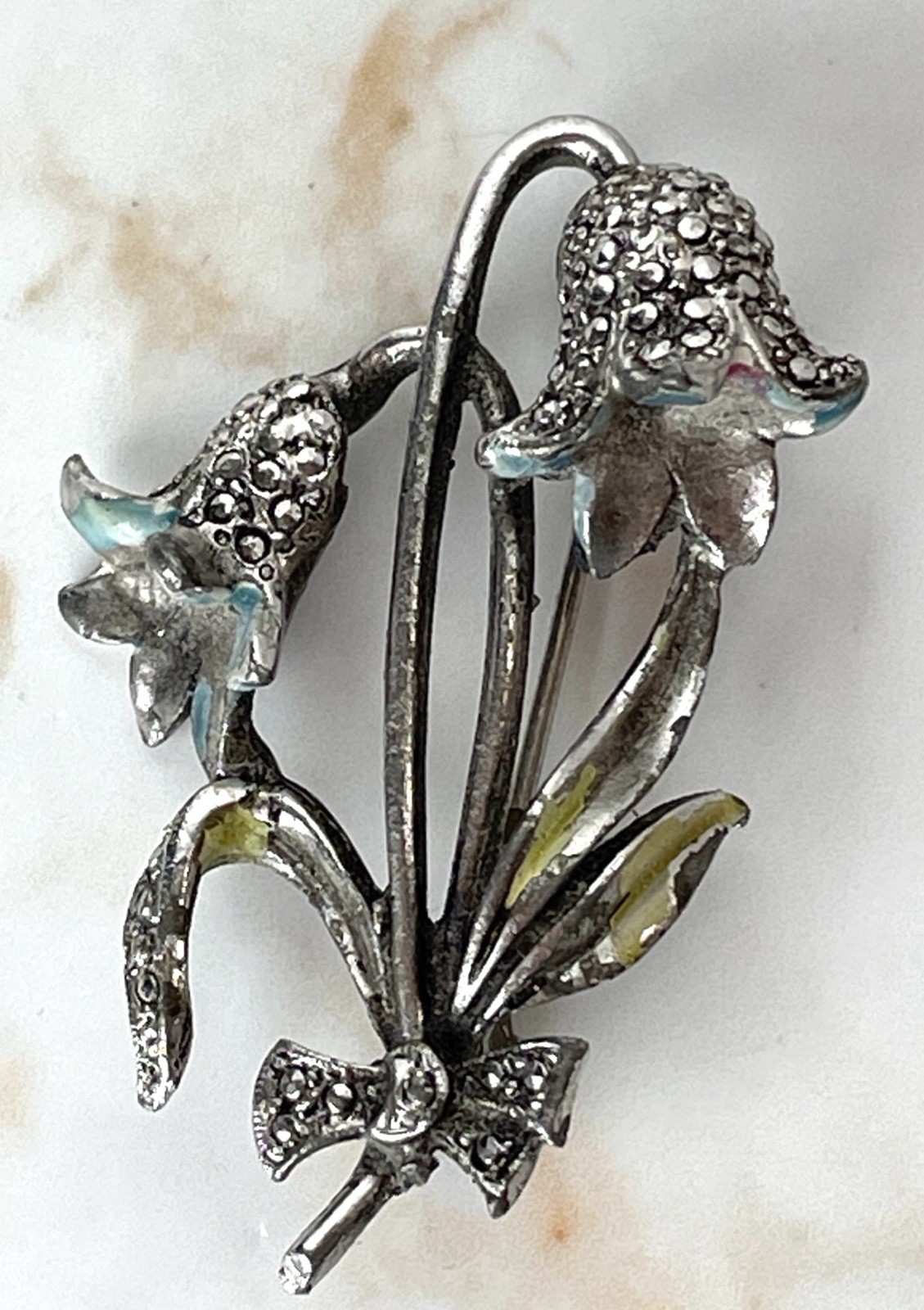 Vintage Marcasite Silver Toned Metal And Enamel Bluebell Flower Brooch – Read