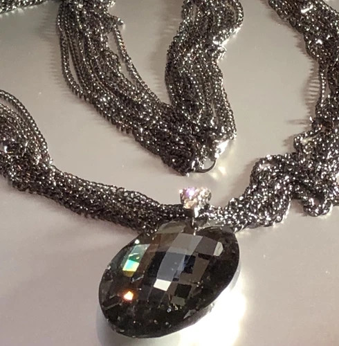 14K Black Rhodium Plated Big Oval Pendant Long Sweater Chain Necklace Gorgeous
