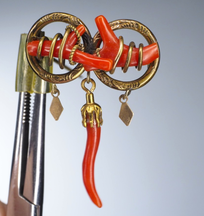 Antique double love knot brooch coral branch pin with dangles C-clasp jewelry