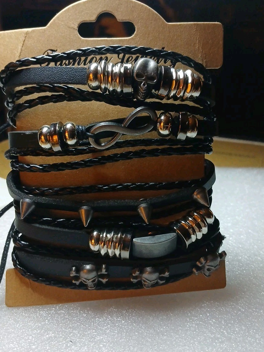 5PACK! LEATHER Tie Up Bracelets! 5 Styles, Skulls,spikes Goth,Biker